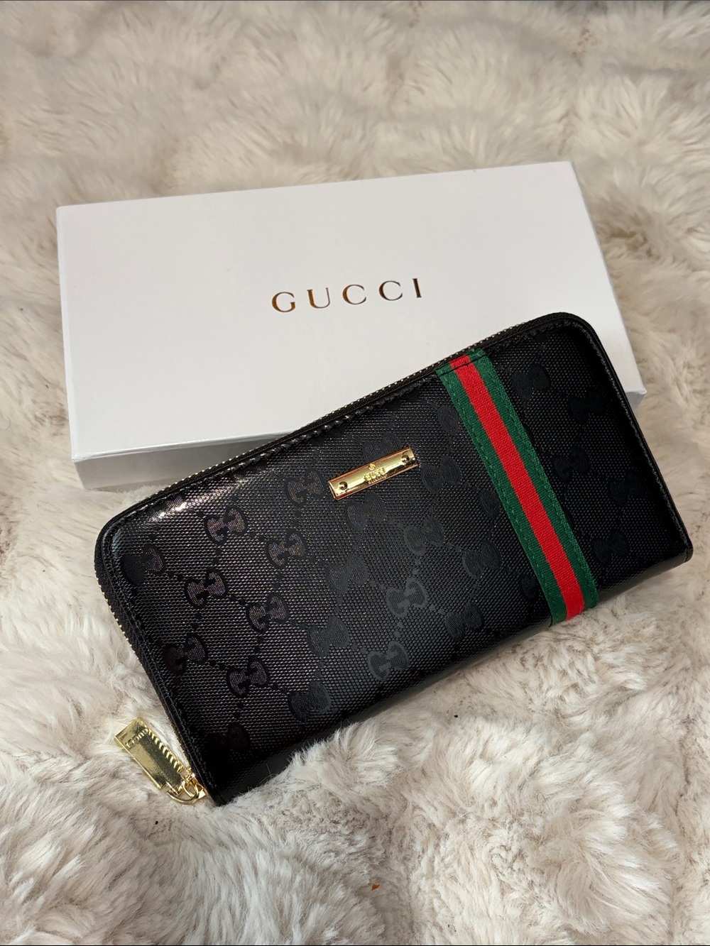 Black Leather Wallet with Green and Red